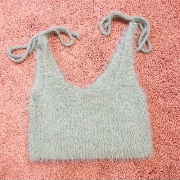 Zara Seafoam Mint Green Fuzzy Tie-Shoulder Crop Top Bralette. Size Small. - Picture 3 of 14